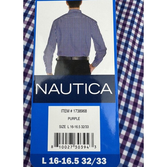 Nautica Mens Large 16-16.5 32/33 Purple Performance Slim Fit Dress Button Shirt - Picture 3 of 9